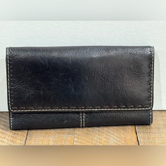 Fossil Y2K Wallet Black Leather With Beige Thread Stitch Coin Zipper Checkbook - Picture 1 of 1
